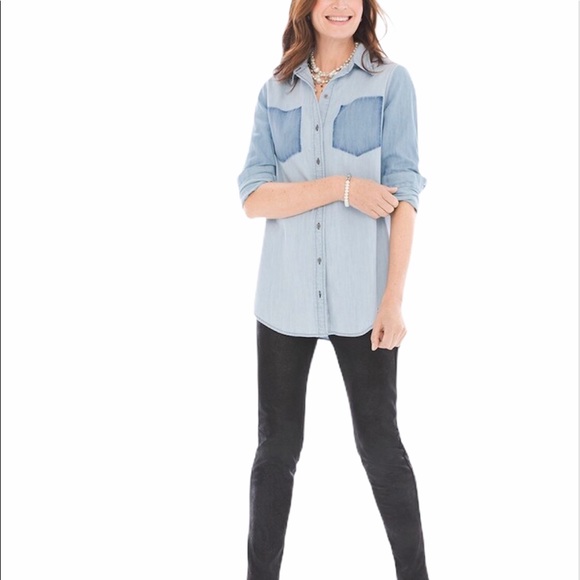 Chico's Tops - Chico’s Denim Contrast Pocket Shirt Size 2